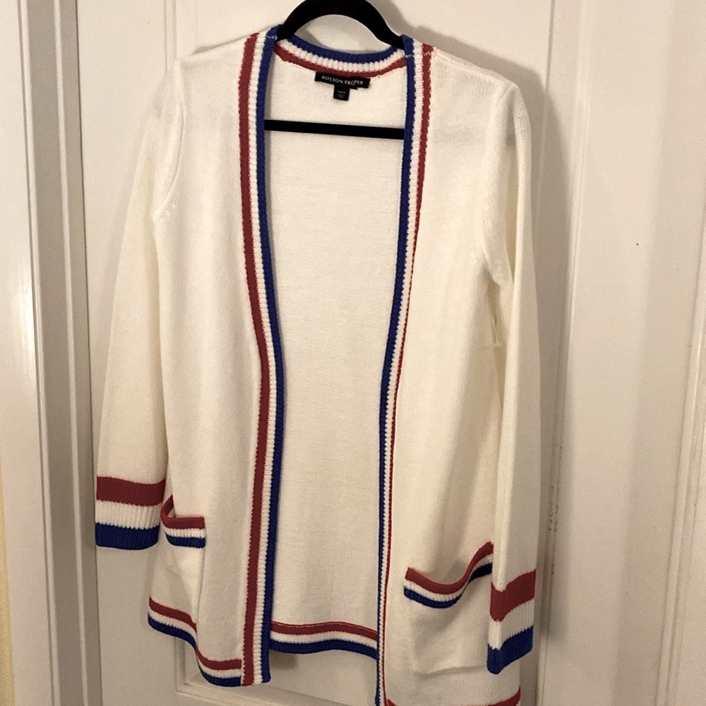Boston Proper White Cardigan Sweater with Red and Blue Trim Size Small
